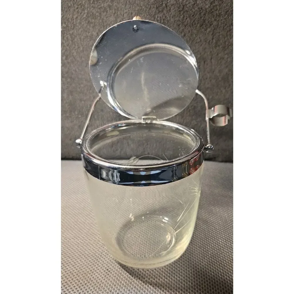 Vntg Mid-Century Ice Bucket Etched Glass Wheat Design Silver Lid